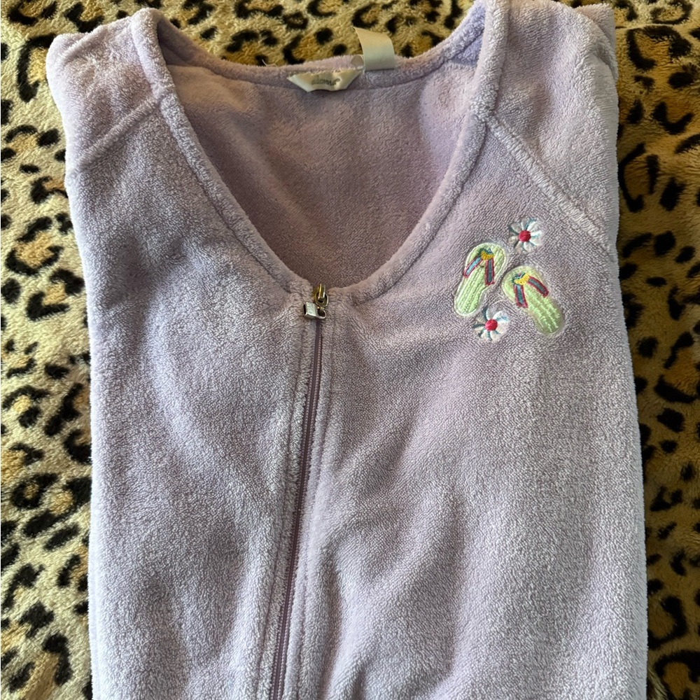 Womens ADONNA Terry Cloth Zip Cover Up Robe L Purple Flip Flops Pockets